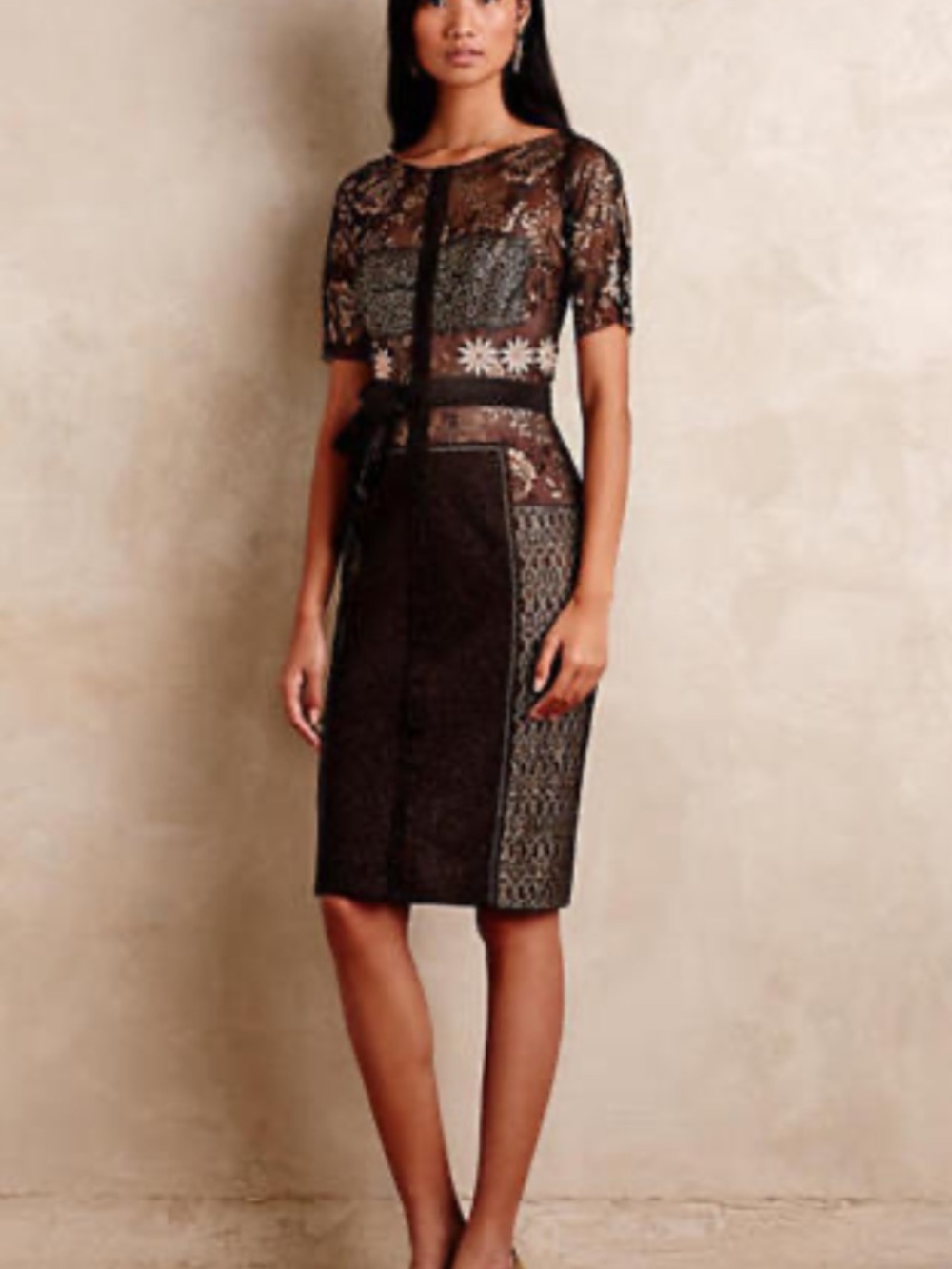 Byron Lars s10 Brown and Gold Marguerite Lace Midi Dress with Embroidered Panels